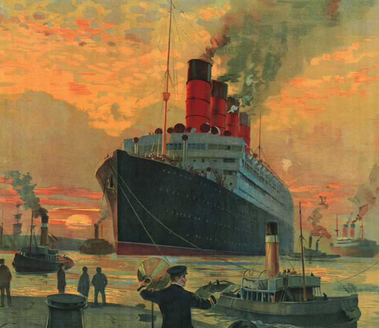 RMS Aquitania entering a port at sunset