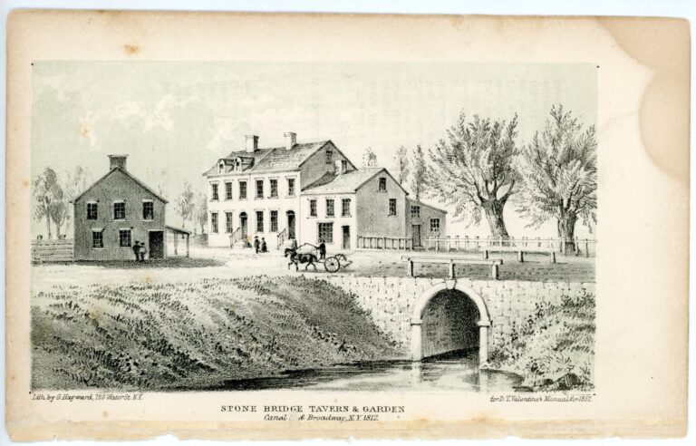 Tavern building next to a small bridge and creek. A carriage with horse in front of the building. Trees in the background.