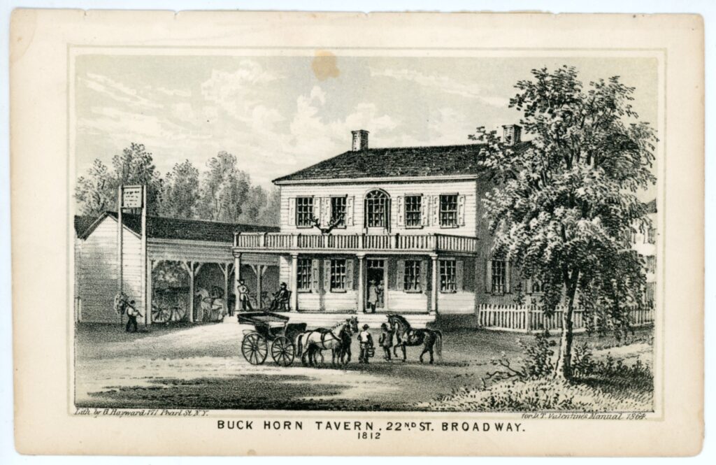 Tavern with a porch on front. In the foreground a horse carriage, a few workers, and a large tree.