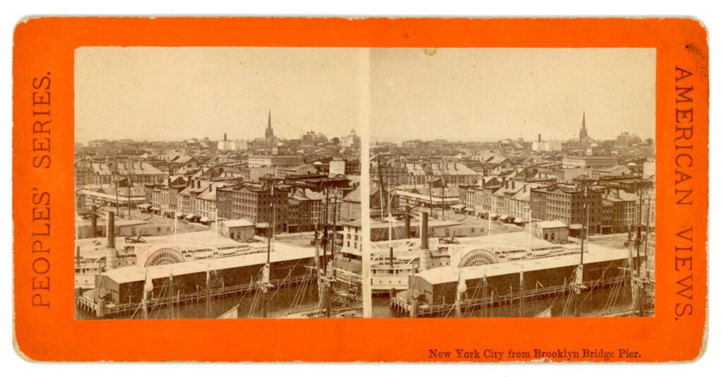 Stereograph with sepia-colored images depicting New York City skyline from Brooklyn Bridge
