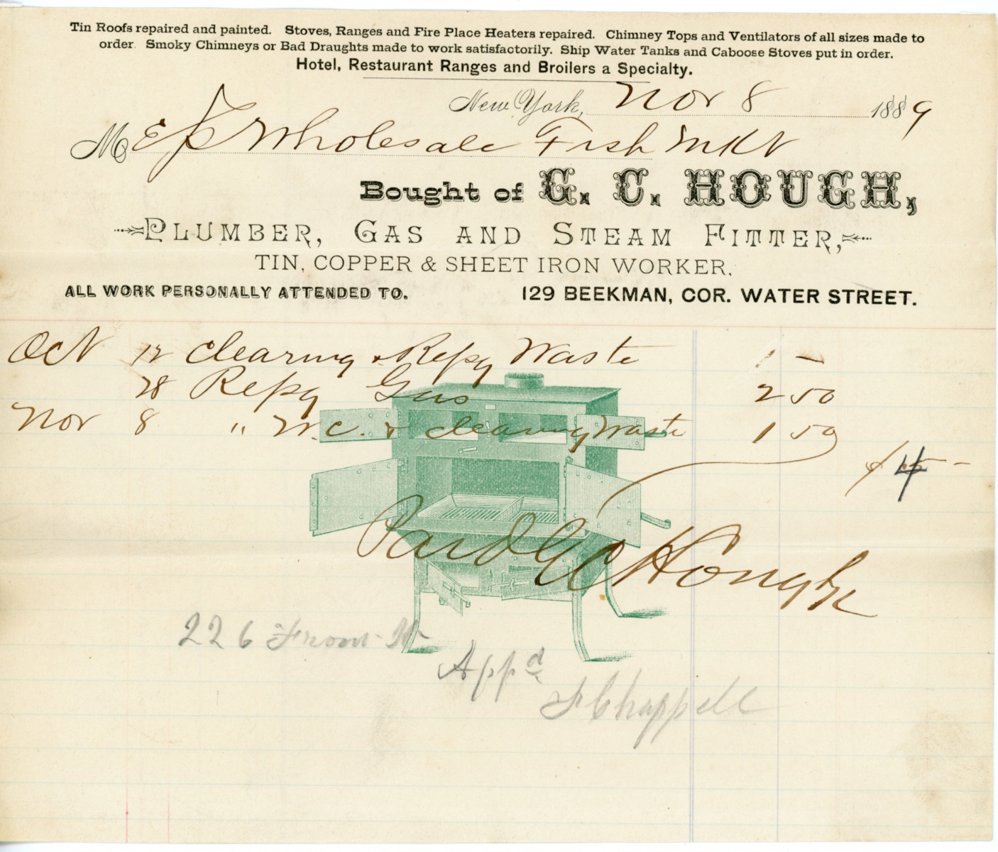 Bill, G.C. Hough, Plumber, Gas and Steam Fitter, November 8, 1889