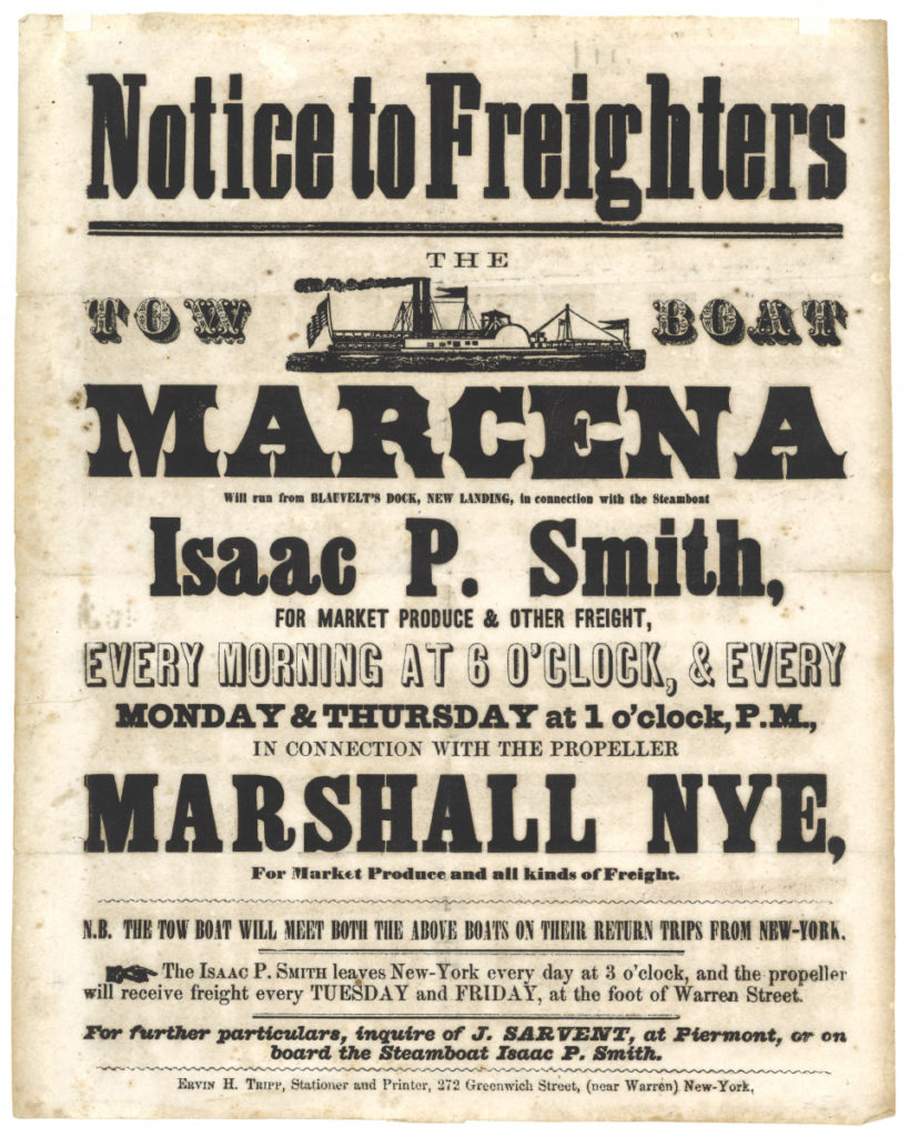 Broadside advertising the departure of the Marcena, the Issac P. Smith, and the Marshall Nye, ca. 1854-1861
