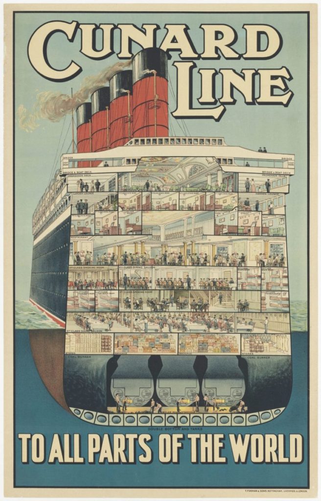 Cunard Line Poster with Cutaway of RMS Aquitania, 1914