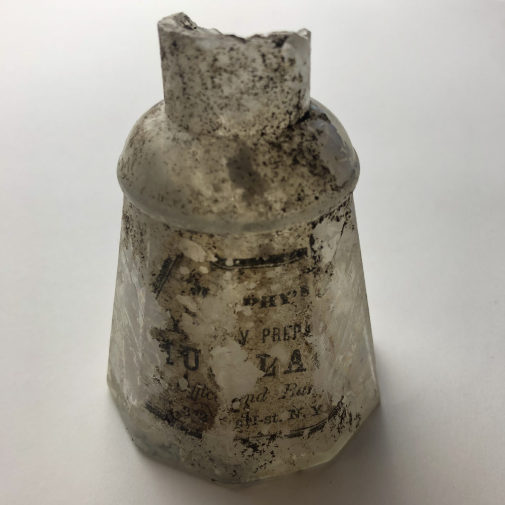 Mucilage bottle with label, ca. 1860s-1880s