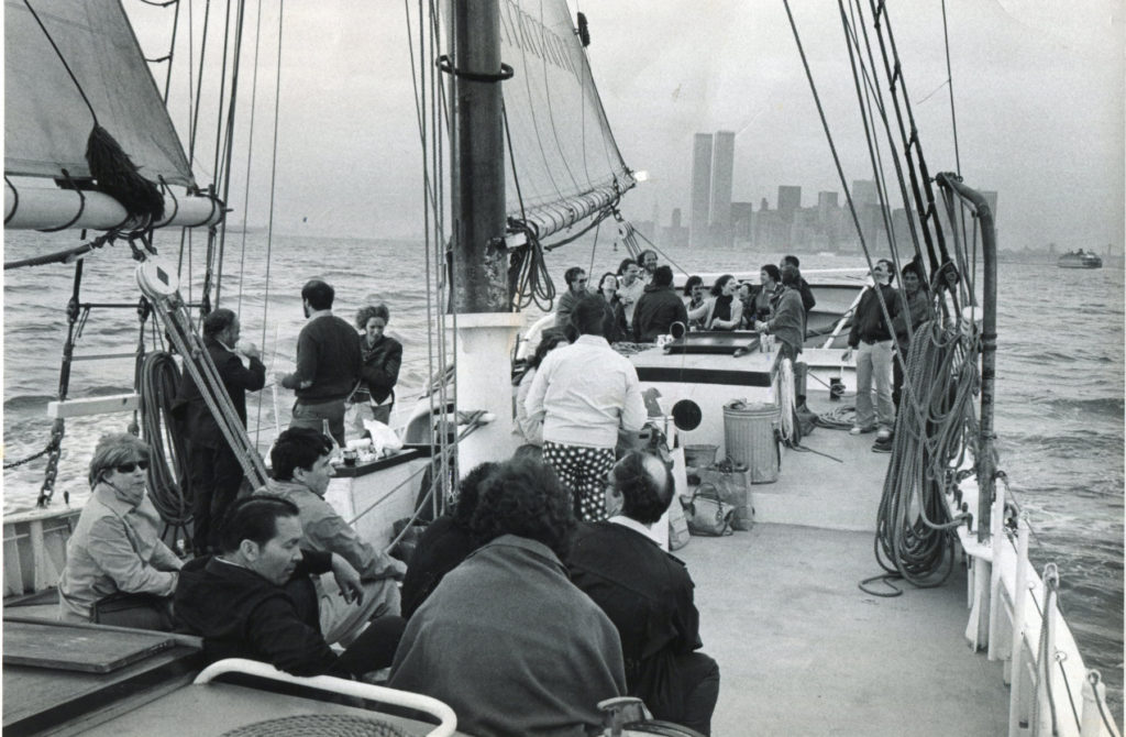 Passengers sailing aboard schooner Pioneer in New York Harbor, 1980s