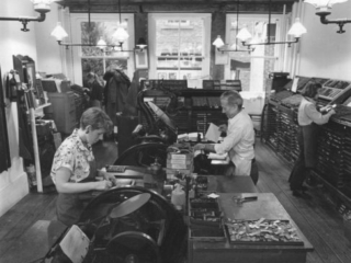 Letterpress printers and designers in the back room of Bowne &amp; Co., Stationers, ca. 1985