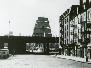 Schermerhorn Row and the visiting vessel Danmark in August 1968