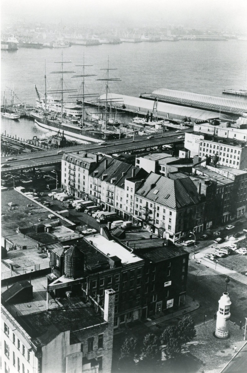 Aerial view of Schermerhorn Row Block, ca. 1975
