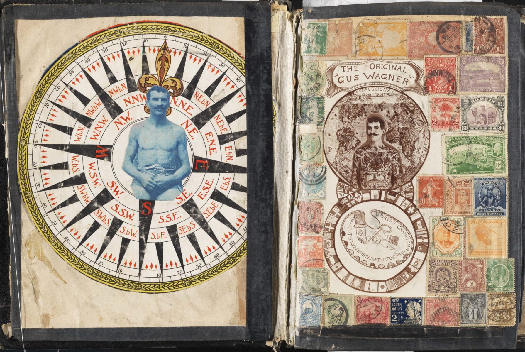 Page spread from “Souvenirs of the Travels and Experiences of the Original Gus. Wagner Globe Trotter & Tattoo Artist” scrapbook by Augustus “Gus” Wagner (American 1872-1941), ca.1897-1941. The Alan Govenar and Kaleta Doolin Tattoo Collection, South Street Seaport Museum, 2001.039.0023