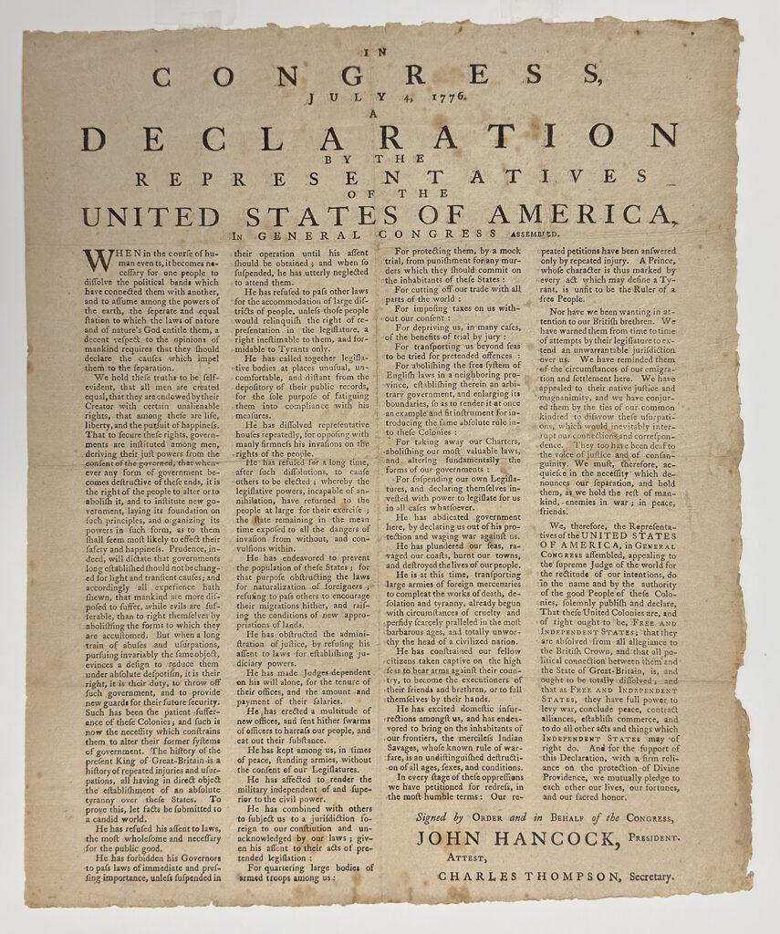 Four column broadside of the Declaration of Independence.