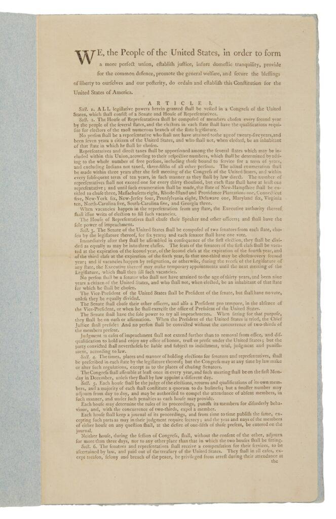 Page with printed text of the first page of the Constitution.