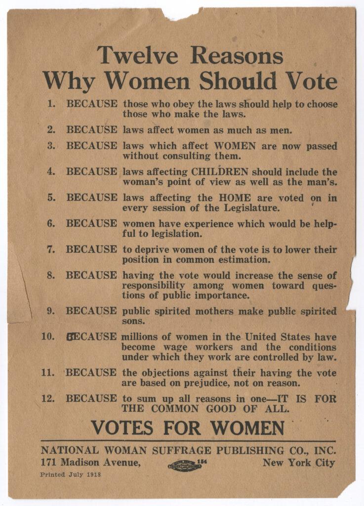 A brown piece of paper with printed black text reading &ldquo;12 Reasons why Women Should Vote&rdquo; followed by a list of 12 numbered points.