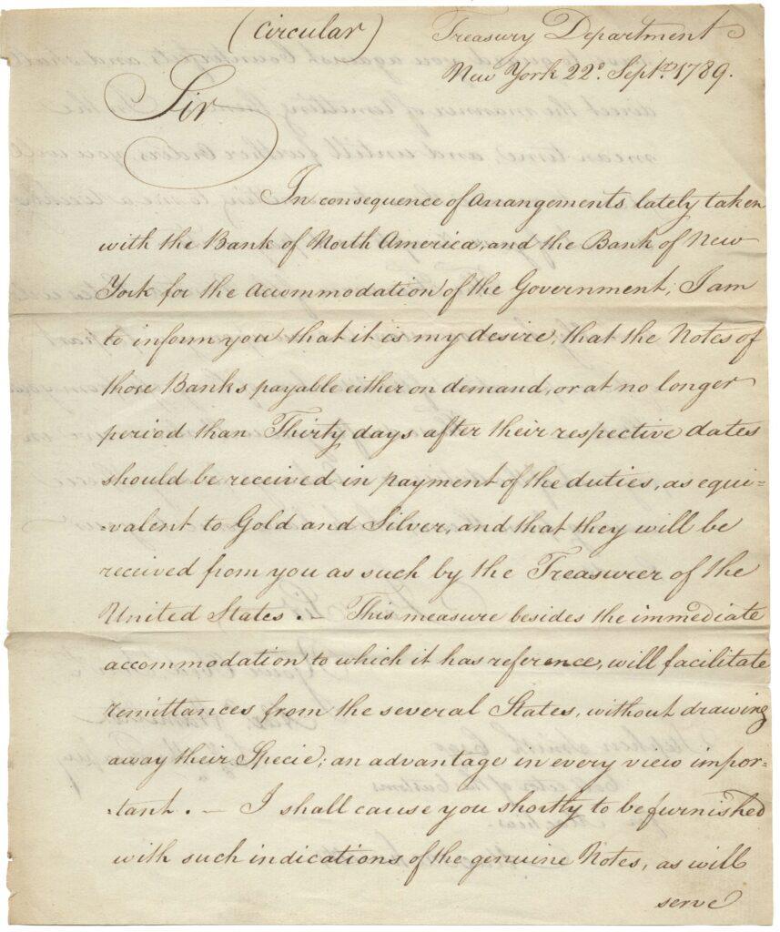 Front page of a letter from Alexander Hamilton to Stephen Smith; scripted handwritten text on cream paper